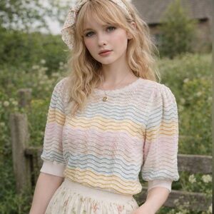 LOFT Ann Taylor Pastel Knit Short Sleeve Sweater